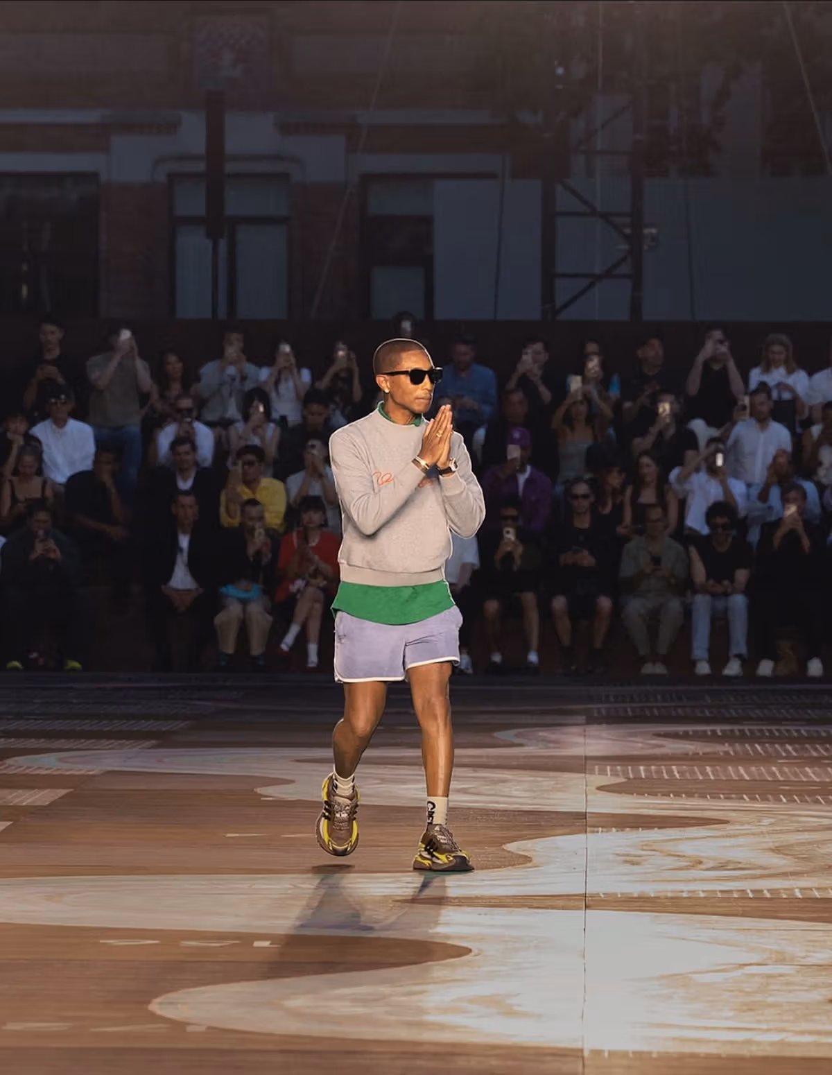 Pharrell wearing Auburn Timber adidas Adistar Jellyfish at Paris Fashion Week