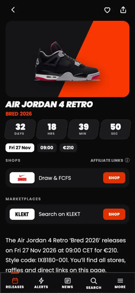 SNKREMPIRE sneaker app: release page with countdown, EU price and stores